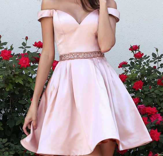 Pink Satin Short Drop Sleeves Homecoming Dresses Party Gowns With Beaded Belt Prom Dress