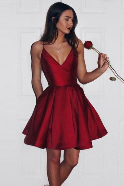 V Neck Elegant Burgundy Spaghetti Straps Short Prom Dresses Homecoming Dress