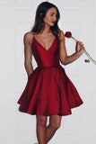 V Neck Elegant Burgundy Spaghetti Straps Short Prom Dresses Homecoming Dress