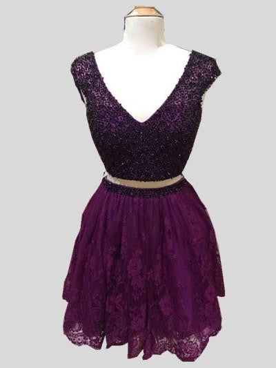 Purple Lace Cap Sleeves 2 Pieces Short Prom Homecoming Dresses Party Gowns