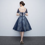 Lace White Short Sleeves Navy Blue Satin Prom Homecoming Dresses Party Dress