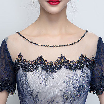 Lace White Short Sleeves Navy Blue Satin Prom Homecoming Dresses Party Dress