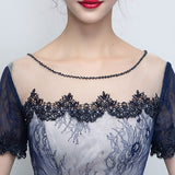 Lace White Short Sleeves Navy Blue Satin Prom Homecoming Dresses Party Dress