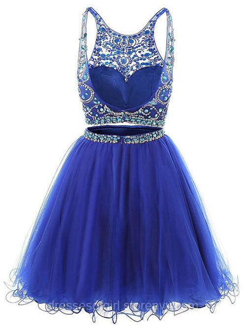 Rhinestones Short Backless Royal Blue 2 Pieces Homecoming Dresses Prom Gowns Cute Dress