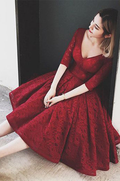 Tea Length 3/4 Long Sleeves Burgundy Lace Prom Homecoming Dresses Graduation Dress