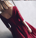Tea Length 3/4 Long Sleeves Burgundy Lace Prom Homecoming Dresses Graduation Dress