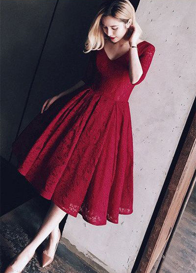 Tea Length 3/4 Long Sleeves Burgundy Lace Prom Homecoming Dresses Graduation Dress