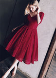 Tea Length 3/4 Long Sleeves Burgundy Lace Prom Homecoming Dresses Graduation Dress