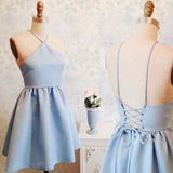 Charming Light Blue Open Back Straps Short Prom Dresses Homecoming Dress Party Gowns