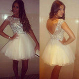 Ivory Crystals Open Back Cap Sleeves Short Prom Dresses Homecoming Dress Party Gowns