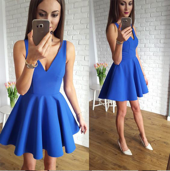 Charming Short V Neck Off the Shoulder Blue Prom Dress Homecoming Dresses Cocktail Gowns