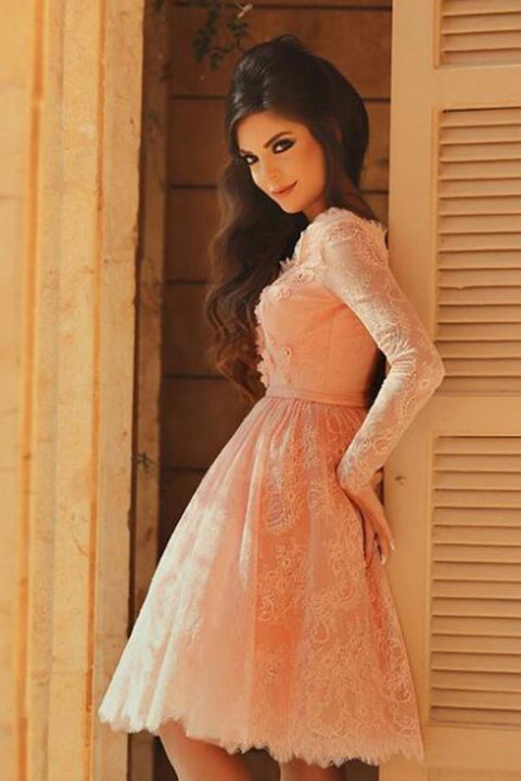 Long Sleeves Blush Pink Lace Knee Length Prom Homecoming Dresses Party –  Laurafashionshop