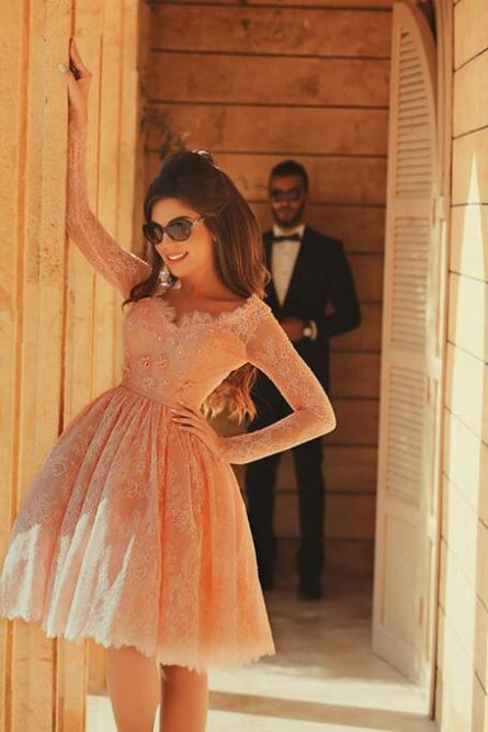Long Sleeves Blush Pink Lace Knee Length Prom Homecoming Dresses Party Gowns Cute Dress