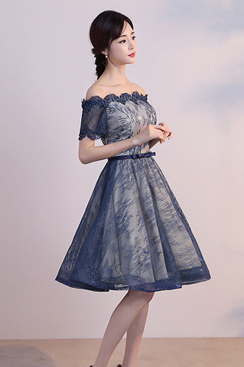 Short Sleeves Dark Blue Lace Knee Length Prom Homecoming Dresses Party Cocktail Dress