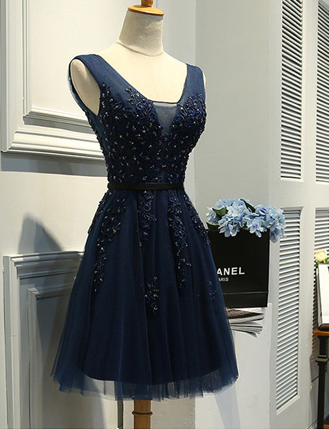 Hot Sales V Neck Navy Blue Lace Short Prom Dress Homecoming Dresses Party Gowns