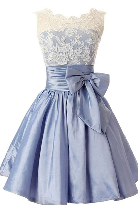Ivory Lace Light Blue Back V Short Prom Dress Homecoming Dresses Party Gowns With Bow