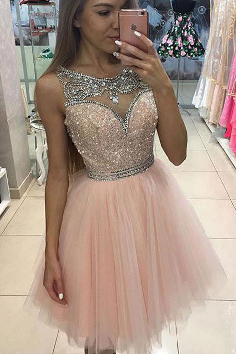Pink Tulle Short Homecoming Dress with Rhinestones, Cute Party Dress US 8 / Pink