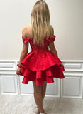 Red Lace Tiered Skirt Off the Shoulder Homecoming Dress Short Prom Dresses Party Gowns