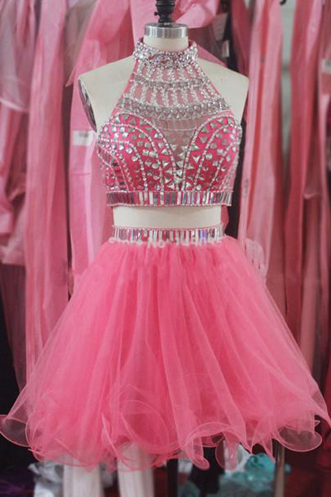 2 Pieces Cute Dresses Hot Pink Halter Homecoming Dress Short Prom Party Gowns