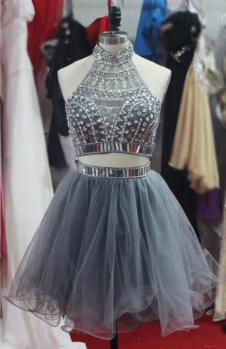 2 Pieces Cute Dresses Hot Pink Halter Homecoming Dress Short Prom Party Gowns