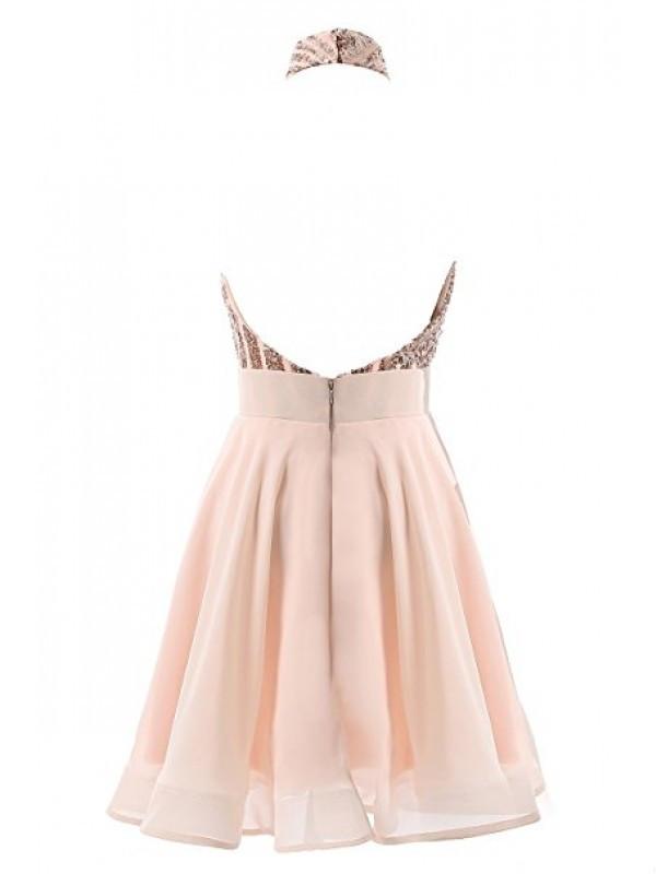 Rose Gold Sequin Halter Backless Homecoming Dresses Mini Prom Dress Party Gowns