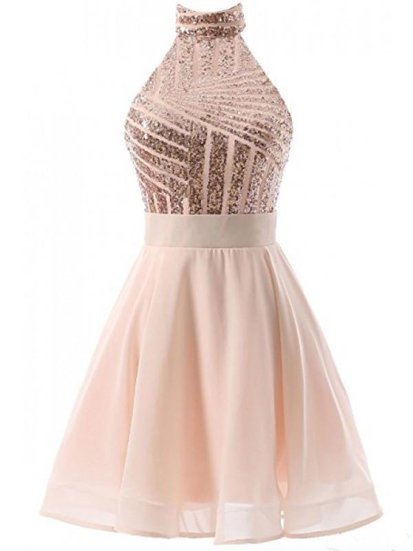 Rose Gold Sequin Halter Backless Homecoming Dresses Mini Prom Dress Party Gowns