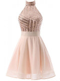 Rose Gold Sequin Halter Backless Homecoming Dresses Mini Prom Dress Party Gowns