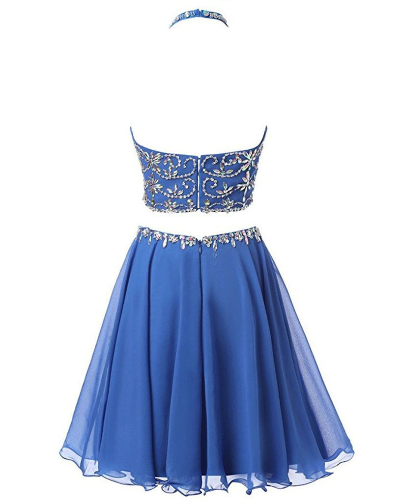 Royal Blue Open Back Halter 2 Pieces Homecoming Dresses Prom Cute Dress Party Gowns