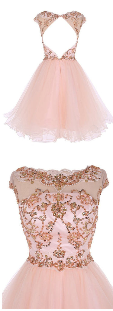 Cap Sleeves Pink Appliques Backless Mini Homecoming Dresses Prom Dress Cute Party Gowns