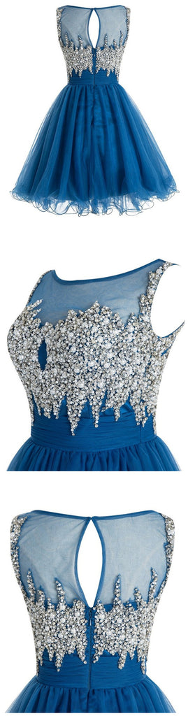 Hot Sales Beads Pearls Blue Mini Homecoming Dresses Prom Dress Cute Party Dress