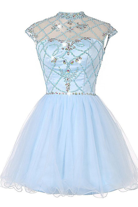 High Neck Cap Sleeves White Mini Homecoming Dress Prom Dresses Cute Party Dresses