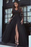 Charming Black Long Sleeves Slit Lace Tulle Prom Dress Evening Dresses Party Gowns