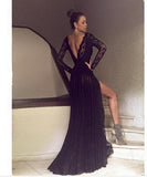 Sexy Black Lace Long Sleeves Open Back Split Prom Dresses Evening Gowns Party Dress