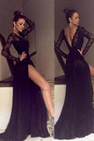 Sexy Black Lace Long Sleeves Open Back Split Prom Dresses Evening Gowns Party Dress