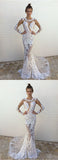 Sexy White Lace Mermaid See Through Long Sleeves Wedding Dress Prom Dresses Party Gown