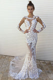Sexy White Lace Mermaid See Through Long Sleeves Wedding Dress Prom Dresses Party Gown