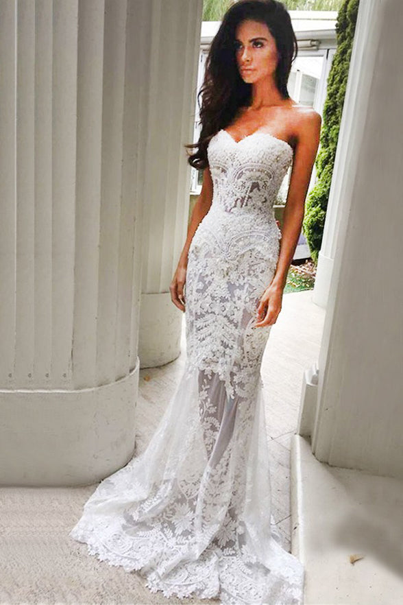 Hot Sales Lace Sweetheart Mermaid Ivory Beach Wedding Dresses Prom Dress Bridal Gown