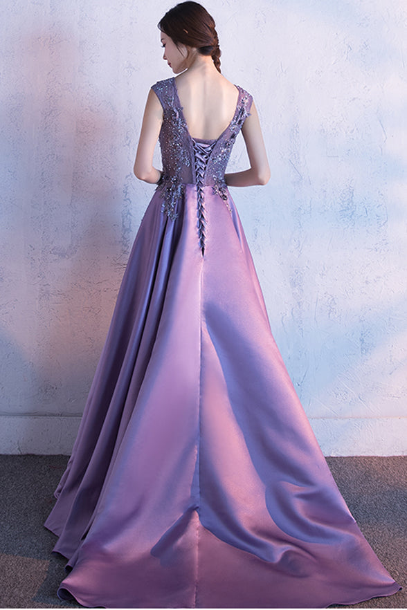 Cap Sleeves Purple Lace Appliques Prom Dresses Evening Gown Party Dres – Laurafashionshop