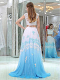 New Arrival 2 Pieces Cap Sleeves White Lace Acid Blue Ombre Prom Dresses Evening Dress