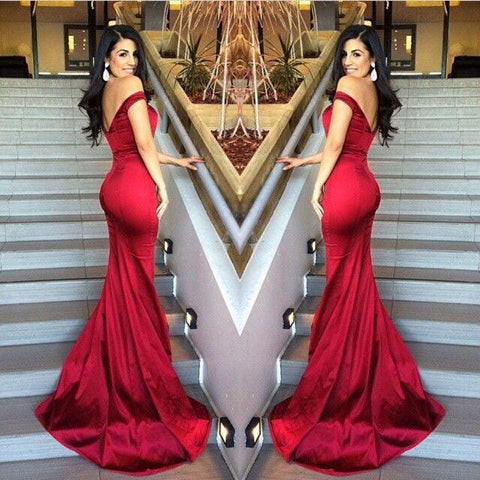 Off Shoulder Fitted Bodice Charming Red Sexy Low Back Trumpet Long Prom Dress - Laurafashionshop