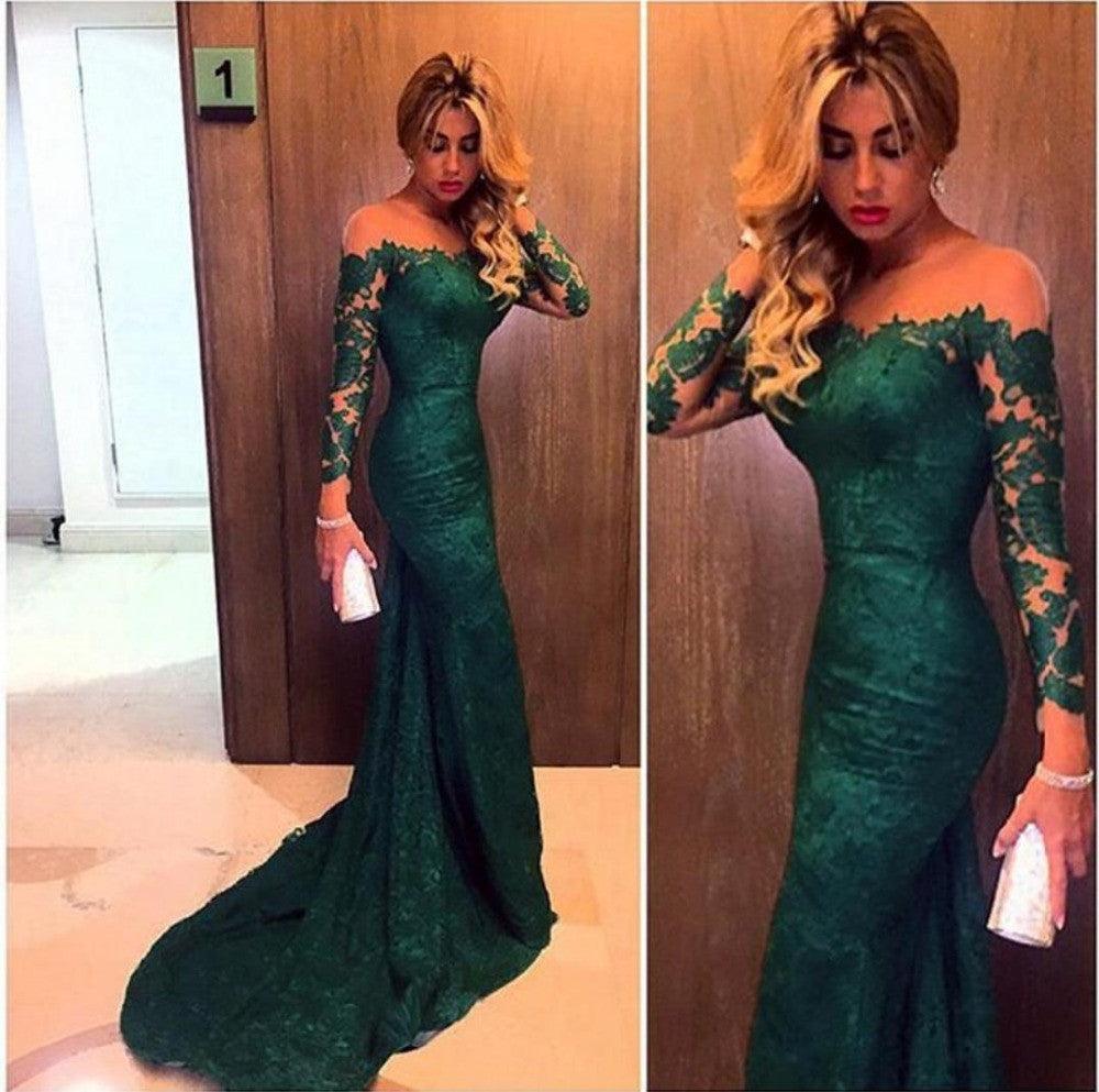 Mermaid Dark Green Long Sleeve Lace Prom Dresses Evening Gown - Laurafashionshop