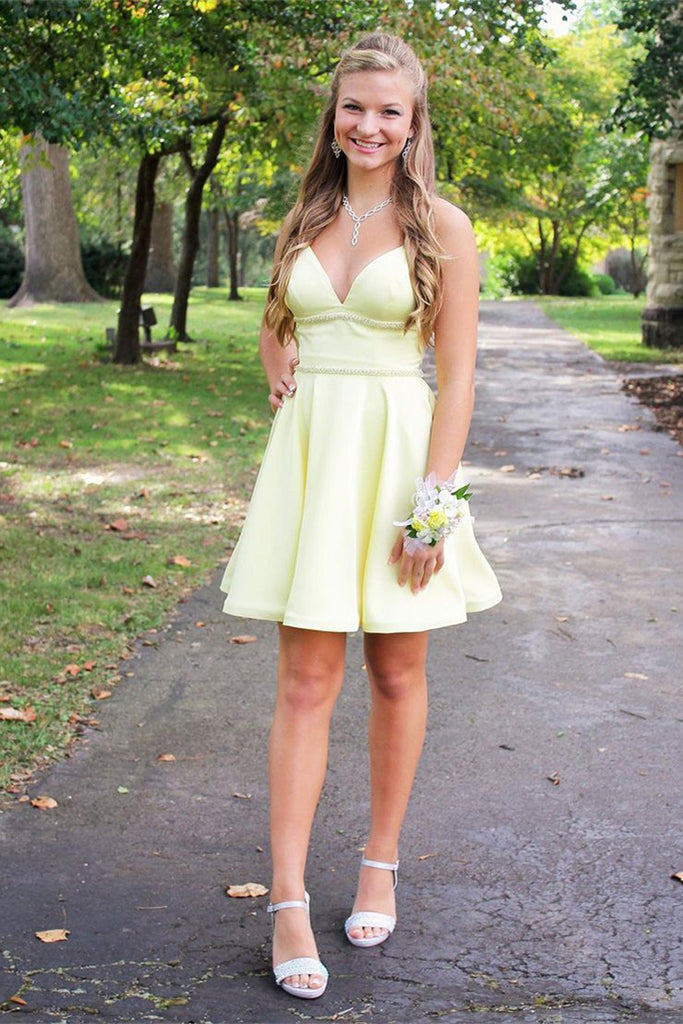Cute A-line V-neck Yellow Satin Short Homecoming Dress
