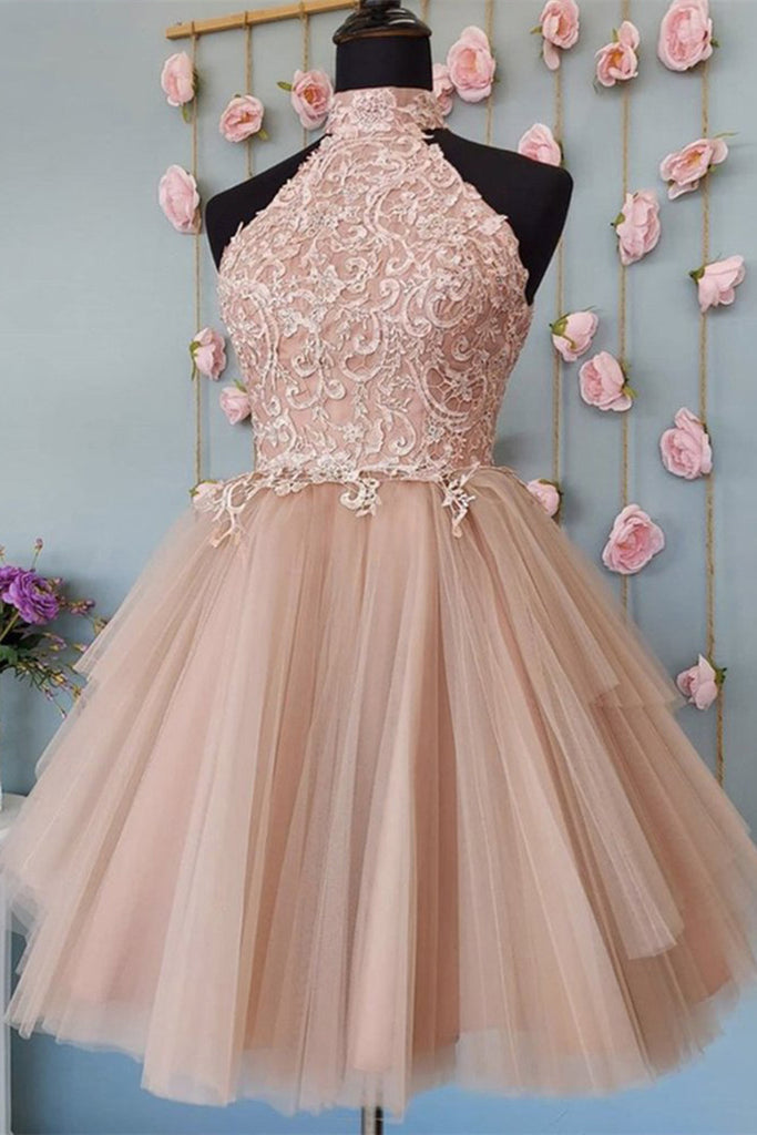 Cute A-line Sleeveless Champagne Lace Tulle Homecoming Dresses