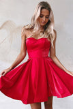 Shiny A-line Strapless Red Satin Short Homecoming Dresses
