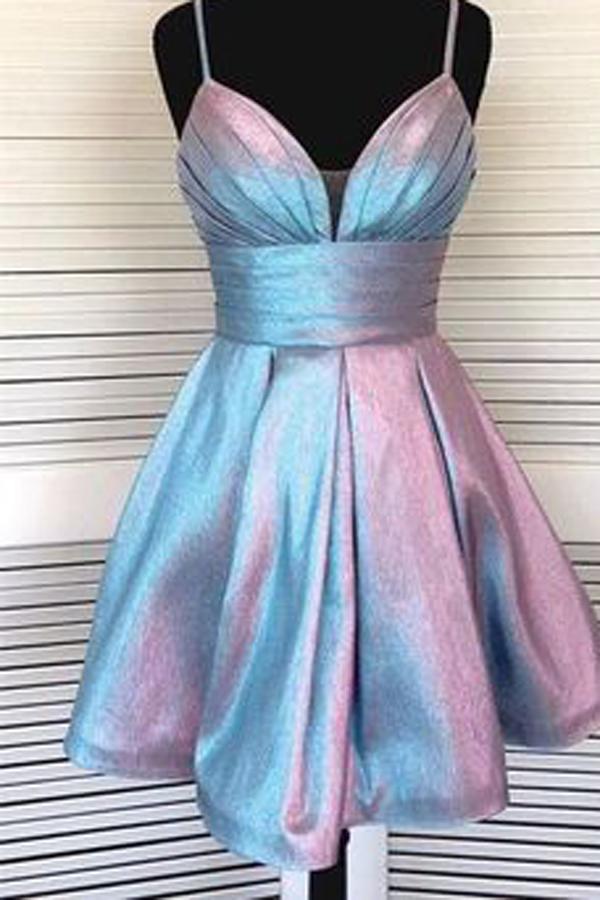 Cute A-line Spaghetti Strap Formal Dress Short V-neck Homecoming Dresses SX66472