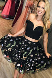 Two Pieces A-line Off The Shoulder Black Embroidery Homecoming, Party Dresses SX66510
