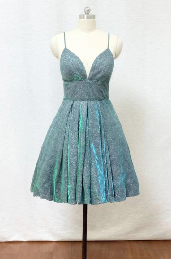 Stunning A Line Green Spaghetti Straps Knee lengthHomecoming Dresses With Pockets SX66554