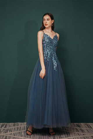 Elegant A-line V-neck Appliques Tulle Long Prom Dress