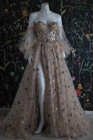 Stylish Long Sweetheart Formal Dresses With SleevesCoral Front Spalit Star Prom Dresses