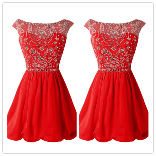 Red Beading Red Chiffon Short Sexy Homecoming Dresses Prom Dresses - Laurafashionshop